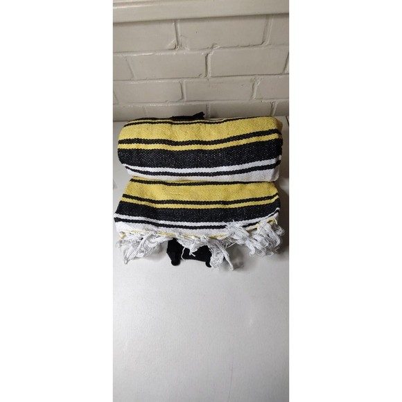 Yoga Blanket Mexican Throw Vintage Style Yellow White Black Stripes 51" x 75" - Picture 7 of 7